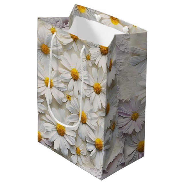 White Daisies On Distressed Texture Medium Gift Bag (Front Angled)