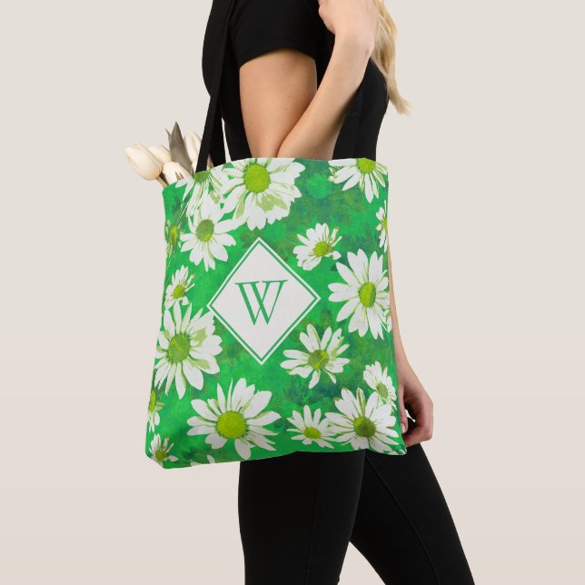 White Daisies on Green Floral Pattern Monogrammed Tote Bag (Close Up)