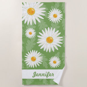 White Daisies On Green With Custom Name Beach Towel