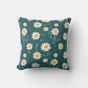 White Daisies on Greenish Blue Background Cushion
