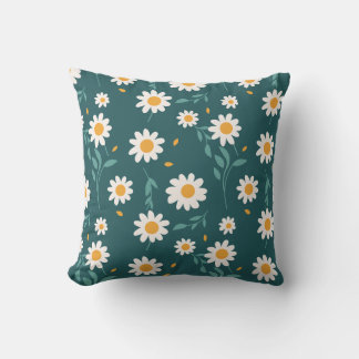 White Daisies on Greenish Blue Background Cushion