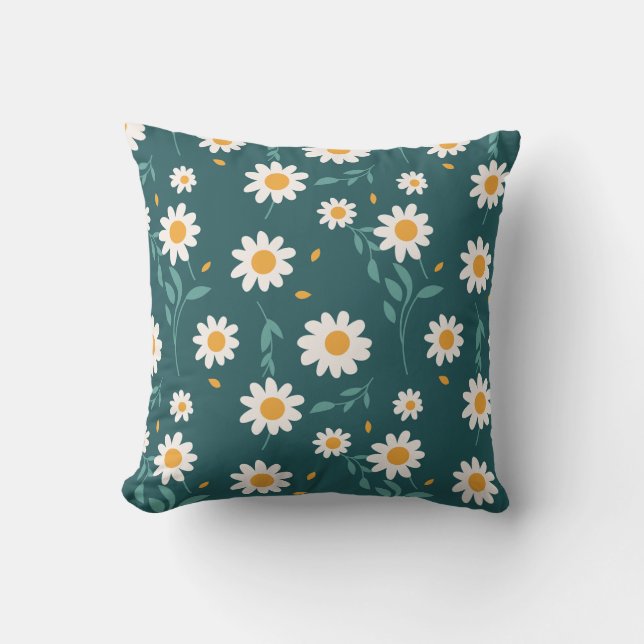 White Daisies on Greenish Blue Background Cushion (Front)