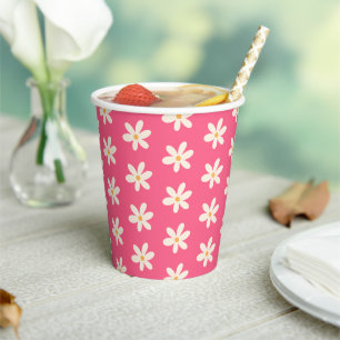 White Daisies on Hot Pink Summer Vibes y2k Floral Paper Cups