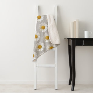 White Daisies on Light Grey Background Floral Sherpa Blanket
