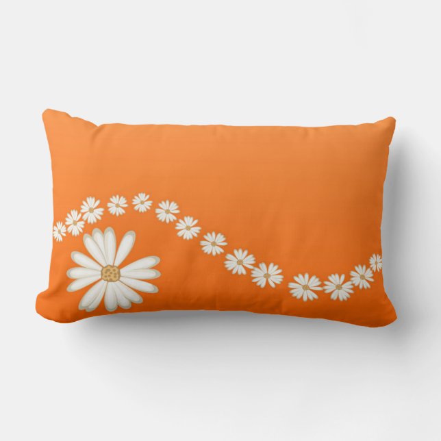 White Daisies on Orange Lumbar Throw PIllow (Front)