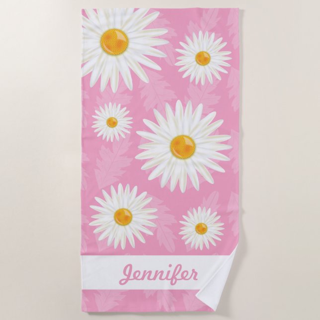 White Daisies On Pink With Custom Name Beach Towel (Front)