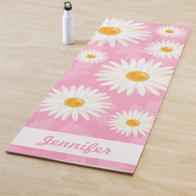 White Daisies On Pink With Personalised Name Yoga Mat (In Situ)