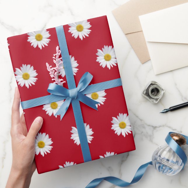 White Daisies on Red Wrapping Paper (Gifting)