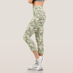 White Daisies On Sage Green Capri Leggings