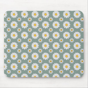 White Daisies on Sage Green Pattern Mouse Pad