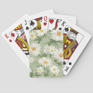 White Daisies On Sage Green Playing Cards