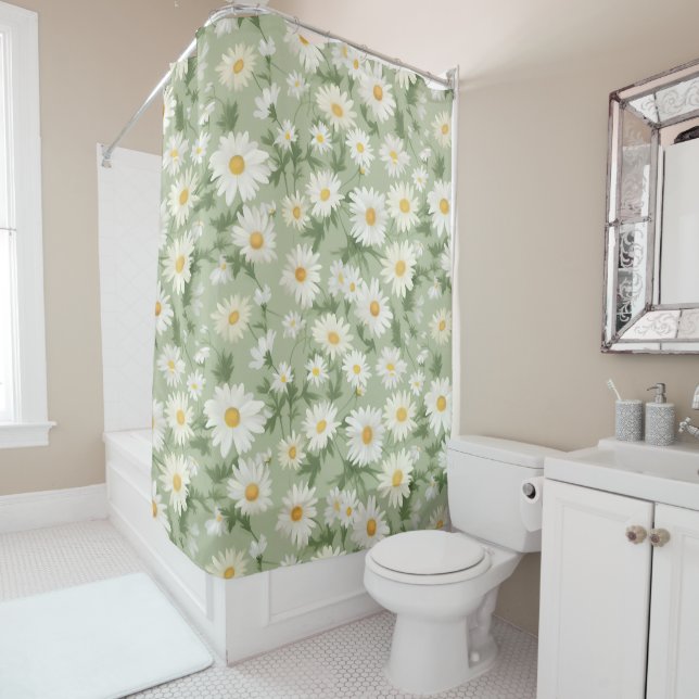 White Daisies On Sage Green Shower Curtain (In Situ)