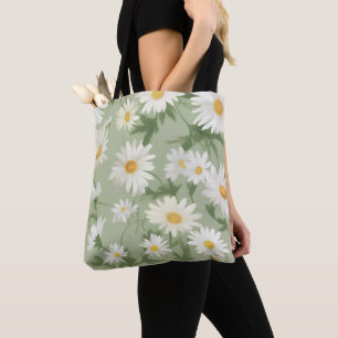 White Daisies On Sage Green Tote Bag