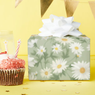 White Daisies On Sage Green Wrapping Paper