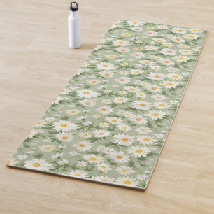 White Daisies On Sage Green Yoga Mat