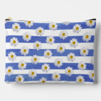 White Daisies On Watercolor Blue Stripes