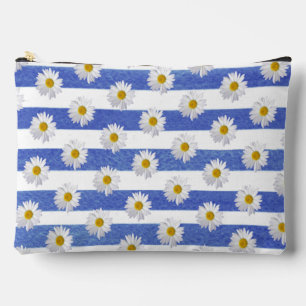 White Daisies On Watercolor Blue Stripes Accessory Pouch