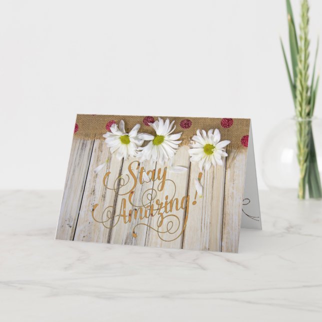 white daisies on wood with burlap card (Front)