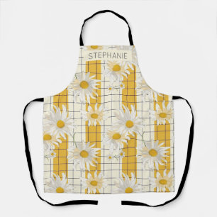 White Daisies on Yellow Striped Grid Background Apron