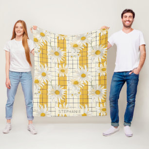 White Daisies on Yellow Striped Grid Background Fleece Blanket