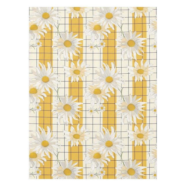 White Daisies on Yellow Striped Grid Background Tablecloth (Front)