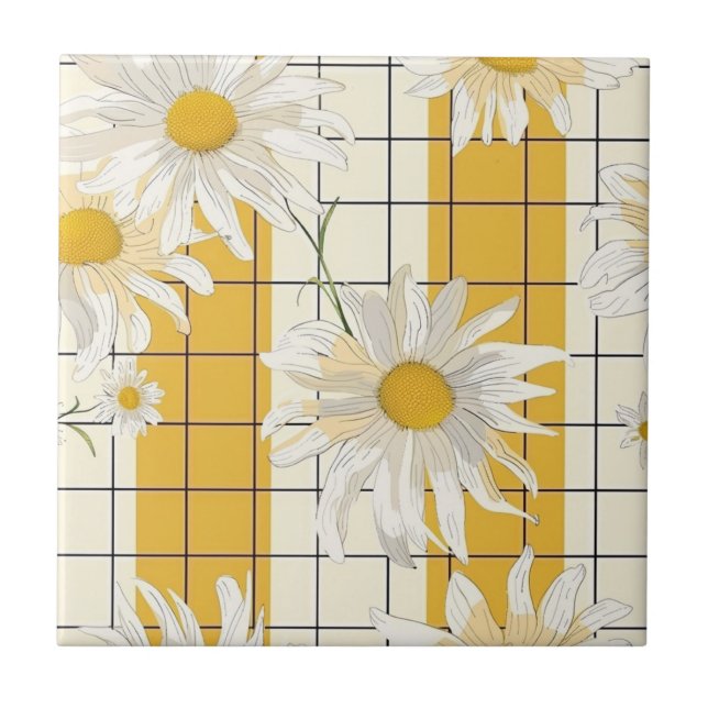 White Daisies on Yellow Striped Grid Background Tile (Front)