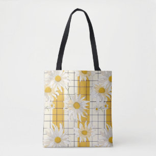White Daisies on Yellow Striped Grid Background Tote Bag