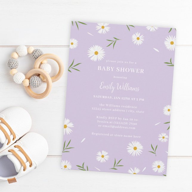 White Daisies Pastel Purple Minimalist Baby Shower Invitation (Creator Uploaded)
