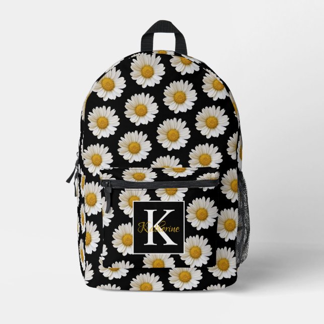 White Daisies Pattern Black Monogram Printed Backpack (Front)