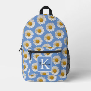 White Daisies Pattern Blue Monogram Printed Backpack