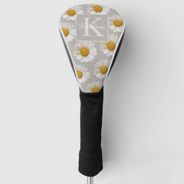White Daisies Pattern Grey Monogram Golf Head Cover (Front)
