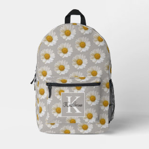 White Daisies Pattern Grey Monogram Printed Backpack