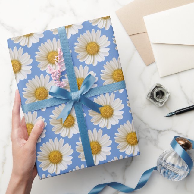 White Daisies Pattern on Blue Background Wrapping Paper (Gifting)