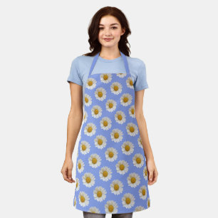 White Daisies Pattern on Light Blue Apron