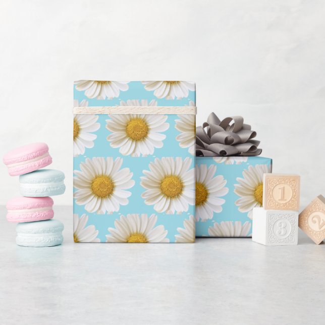 White Daisies Pattern on Light Blue Background Wrapping Paper (Baby Shower)