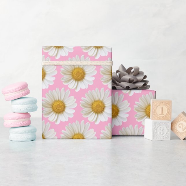 White Daisies Pattern on Pink Background Wrapping Paper (Baby Shower)