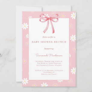 White Daisies Pink Bow Ribbon Baby Shower Brunch Invitation