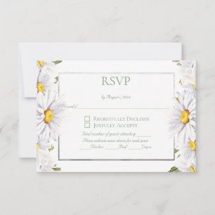 White Daisies Watercolor Floral with Silver RSVP Card