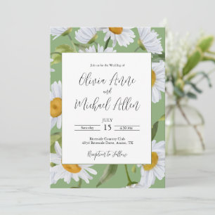 White Daisies Watercolor Green Wedding Invitation