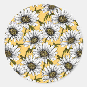 White daisies, wild flowers on yellow classic round sticker