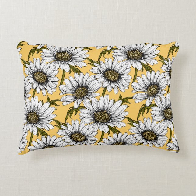 White daisies, wild flowers on yellow decorative cushion (Front)