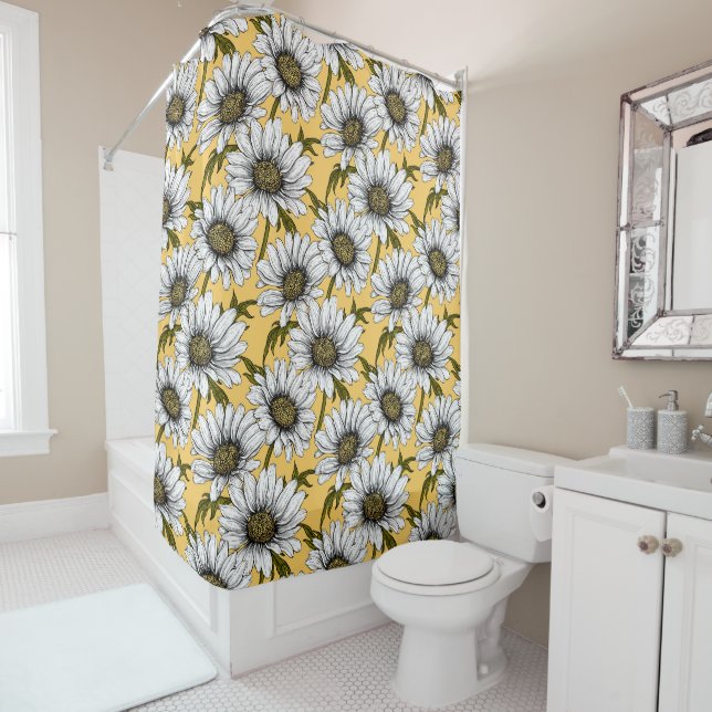 White daisies, wild flowers on yellow shower curtain (In Situ)