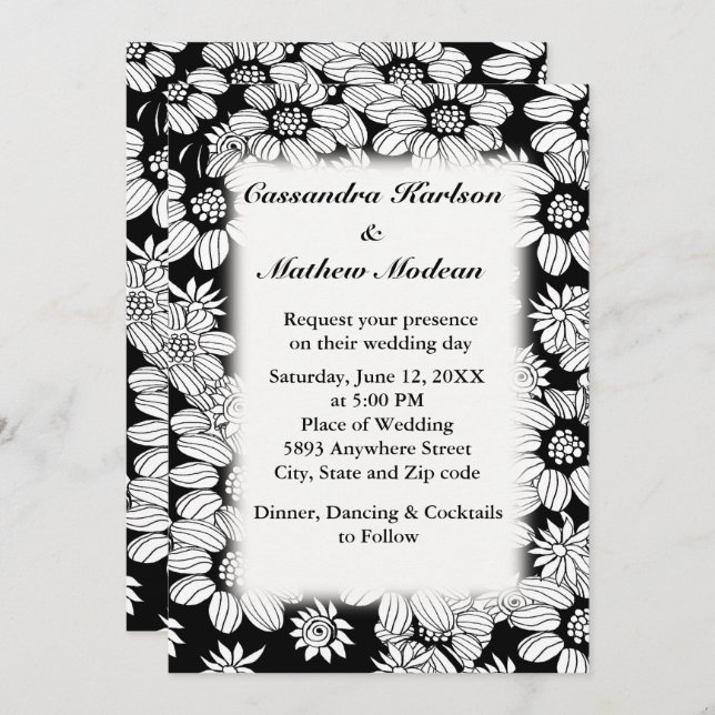 White Daisies with Black Background Wedding Invitation (Front/Back)