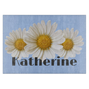 White Daisies with Custom Name Blue Cutting Board