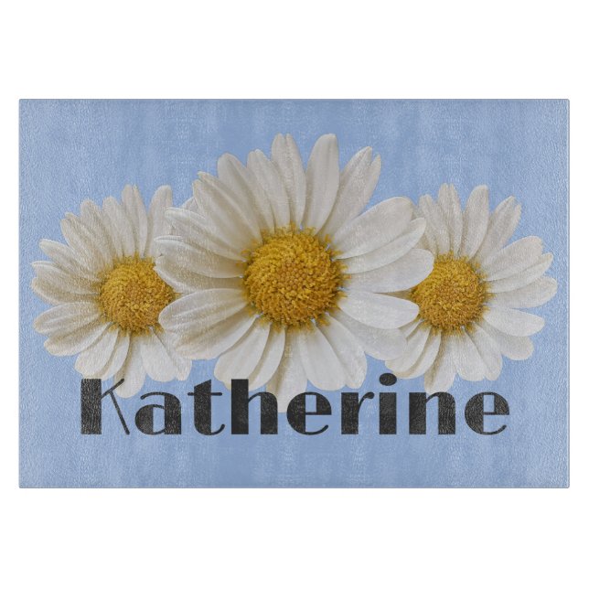 White Daisies with Custom Name Blue Cutting Board (Front)