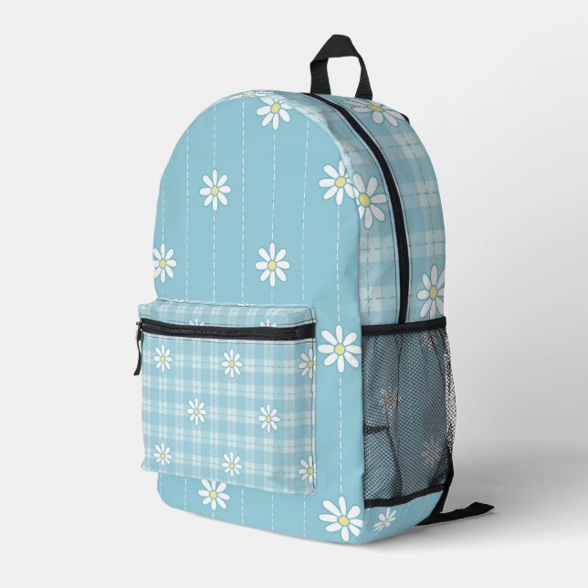 WHITE DAISIES WITH PASTEL BLUE PLAID PATTERNS PRINTED BACKPACK (Back Corner Right)
