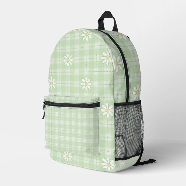 WHITE DAISIES WITH PASTEL GREEN PLAID PATTERNS PRINTED BACKPACK (Back Corner Right)