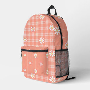 WHITE DAISIES WITH PASTEL ORANGE PLAID PATTERNS PRINTED BACKPACK