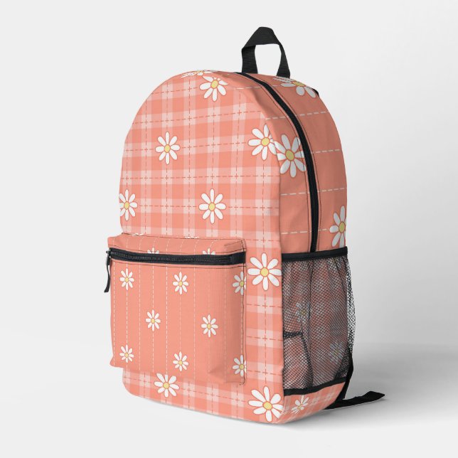 WHITE DAISIES WITH PASTEL ORANGE PLAID PATTERNS PRINTED BACKPACK (Back Corner Right)