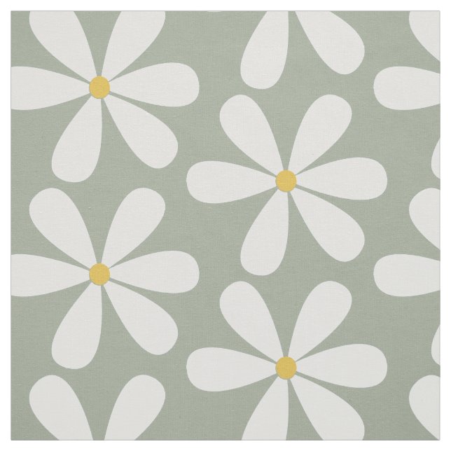 White daisies with yellow centers on moss gray fabric (Swatch)